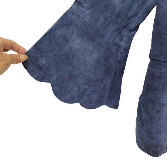 Vintage Suede Leather Scalloped Bell Cropped Blazer Jacket 12 Blue Shawl Peplum - Picture 6 of 11